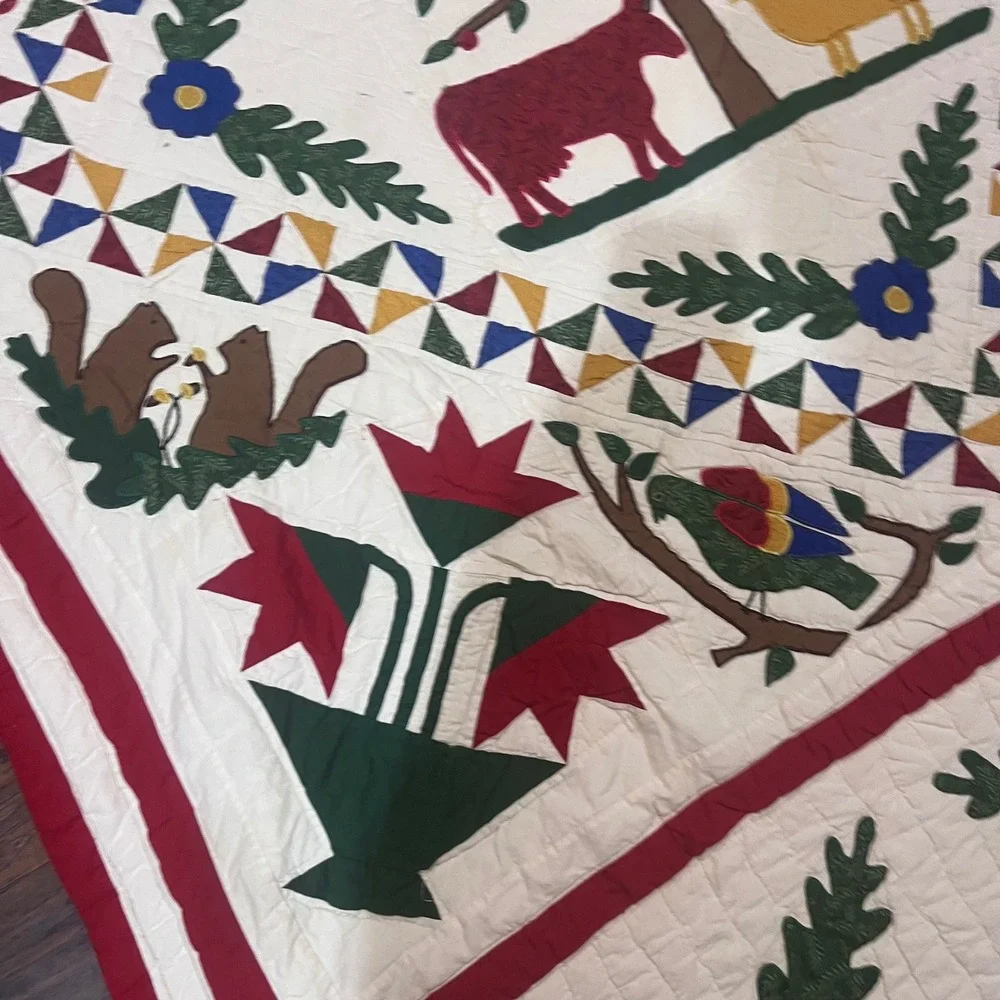 Vtg Handcrafted Baltimore Quilt Kit Folk Art Animal Tree of Life 84x68 Americana